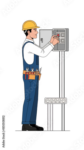 Electrician are repairing the generator., vector illustration