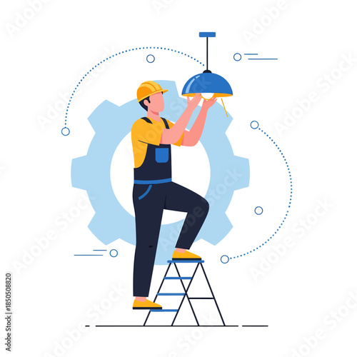 A male electrician is replacing a light bulb, vector illustration