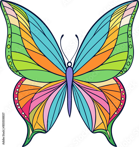 Colored line art vector showing a detailed close-up of a butterfly wing pattern, focusing on the colorful scales and veins abstractly. White background.