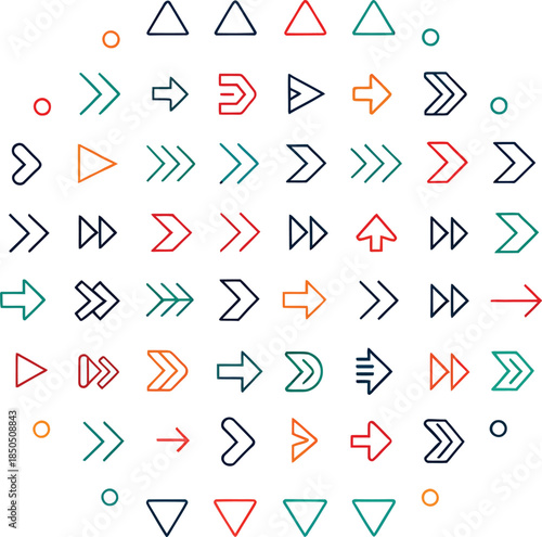 Collection of colorful geometric arrow and triangle shapes on white background symbol msea