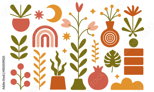 Bohemian inspired collection of abstract plant elements and celestial symbols for modern decor