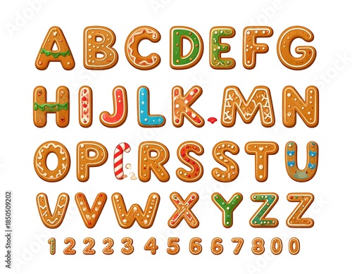 Gingerbread cookie alphabet and numbers, decorated with white icing, on a white background