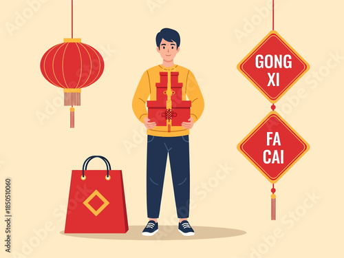 A man bring gifts for celebrate chinese new year, vector illustration design