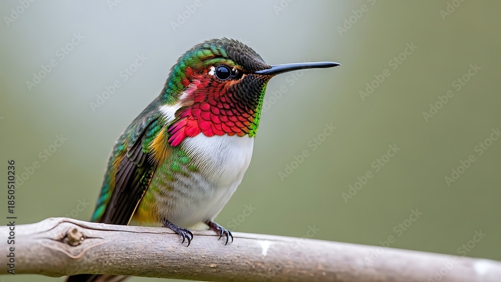 Obraz premium Ruby Throated Hummingbird Portrait Bird Perched Wildlife Nature Copy Space