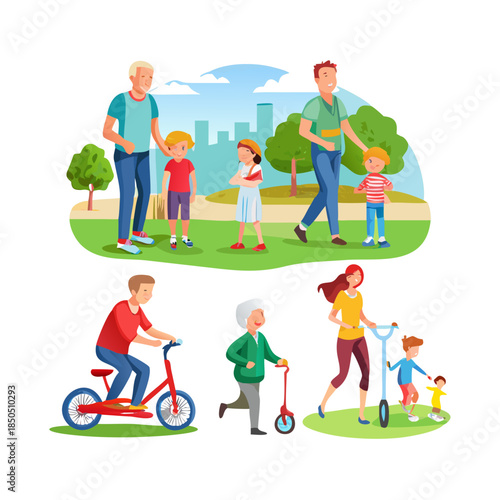 People generation. People of all ages in the Park. Set of illustrations of people walking in the Park, on bike, on scooter, on gyrometer, segway. Happy family. Vector illustration flat cartoon style
