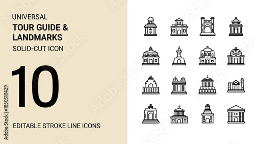 Collection of Universal Tour Guide and Landmarks Solid Cut Icons.