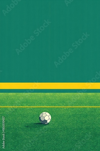 A soccer ball rests on short, green grass, centered below a horizontal yellow line against a dark teal wall.  The scene is minimalist and evokes a sense of calm anticipation