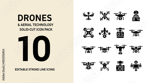 Drones and Aerial Technology Solid Cut Icon Pack.