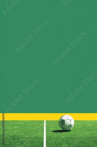 A soccer ball rests on short green grass near a yellow line against a teal wall.  The scene is minimalist, with strong color contrast
