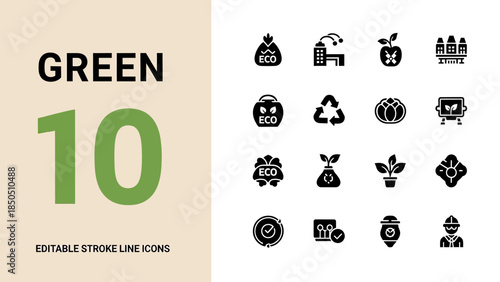 Green 10 Editable Stroke Line Icons Representing Eco-Friendly Concepts.
