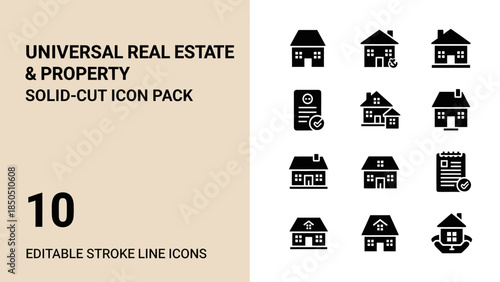 Universal Real Estate and Property Solid-Cut Icon Pack.