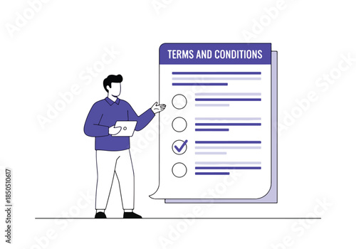 Man presenting terms and conditions document with checklist items - Vector stock illustration - Technology stock illustration - Business stock illustration - website stock illustration