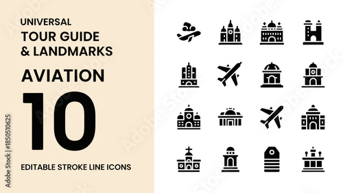Universal Tour Guide and Landmarks Aviation Icons Collection.