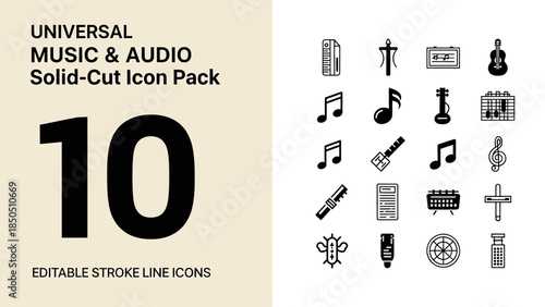 Universal Music and Audio Solid Cut Icon Pack Featuring 10 Editable Stroke Line Icons.