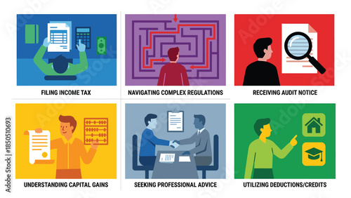 Finance and Business Concepts Filing Taxes Regulations Audits Capital Gains Advice Deductions Credits