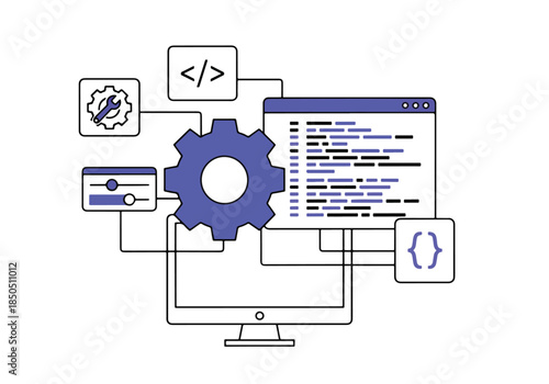 Coding and development process flow with gears and code snippets - Vector stock illustration - Technology stock illustration - Business stock illustration - website stock illustration