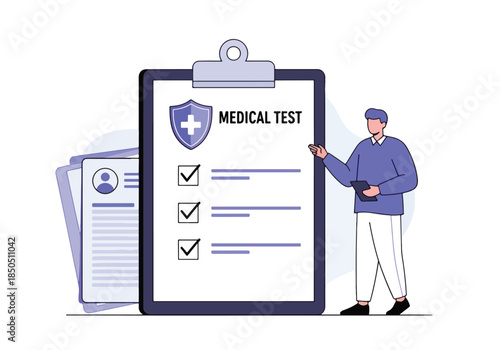 Man reviews medical test results on clipboard checklist illustration - Vector stock illustration - Technology stock illustration - Business stock illustration - website stock illustration