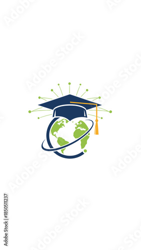 Graduation Cap on Globe Icon Illustration.