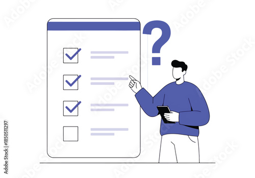 Man with checklist and question mark, business planning concept - Vector stock illustration - Technology stock illustration - Business stock illustration - website stock illustration