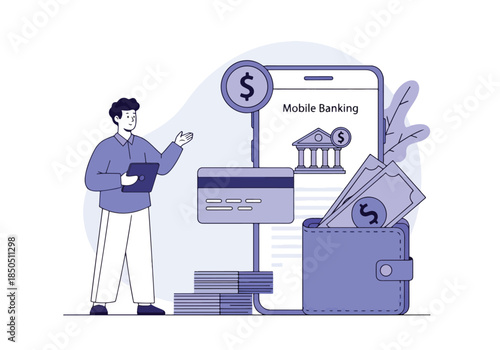 Digital financial service: mobile banking with wallet and credit card - Vector stock illustration - Technology stock illustration - Business stock illustration - website stock illustration