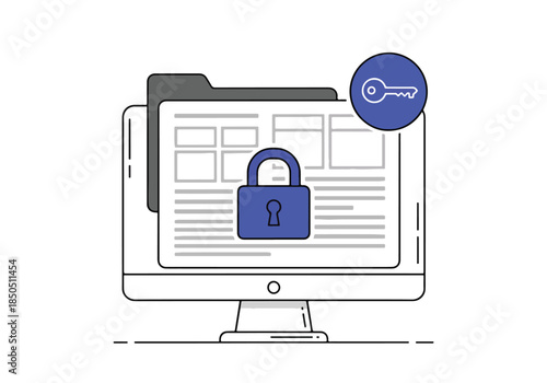 Computer screen with locked folder and key icon for security - Vector stock illustration - Technology stock illustration - Business stock illustration - website stock illustration