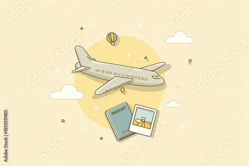 An airplane floats in a soft yellow sky, surrounded by clouds and a hot air balloon. A passport and pictures symbolize the excitement of upcoming travels and adventures.