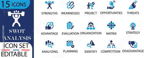  Solid SWOT Analysis Icons For Business Strategy And Planning.analysis, business, strategy, planning, strengths,line icon, vector, management and more.Solid vector icon set collection.