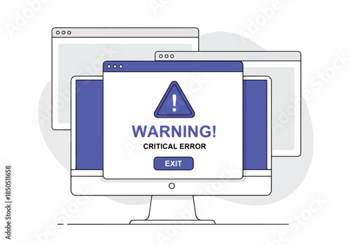 Computer screen shows critical error warning message with exit button - Vector stock illustration - Technology stock illustration - Business stock illustration - website stock illustration