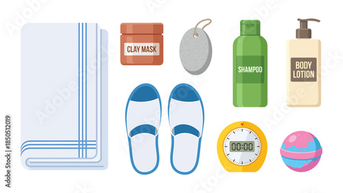 Spa Day Essentials Flat Lay Towel Clay Mask Bath Bomb Shampoo Lotion Slippers Timer for Relaxation and Self Care