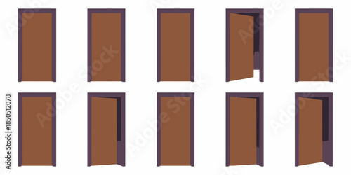 Open door sequence cartoon steps for animation showing entrance and exit through door white frames sprite game asset vector isolated set for game design developers
