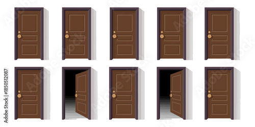 Open door sequence cartoon steps for animation showing entrance and exit through door white frames sprite game asset vector isolated set for game design developers