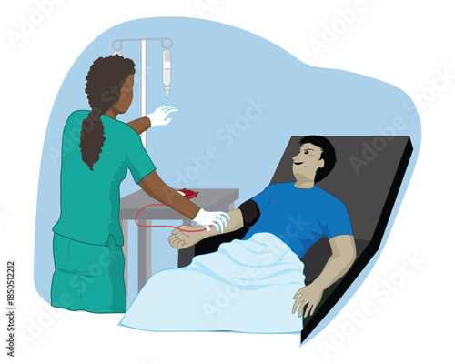 Vector illustration design of a female nurse taking blood or donating blood from a man in a blue shirt who is half lying down