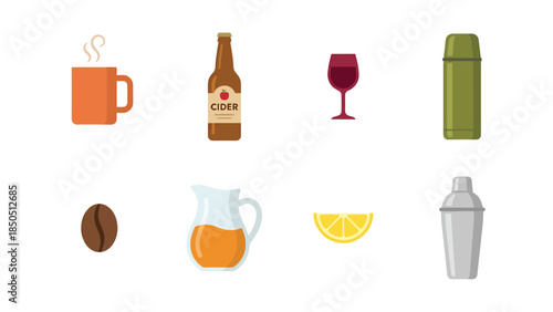 Collection of Diverse Beverages and Drinkware Icons Coffee Mug Cider Bottle Wine Glass Thermos Coffee Bean Juice Pitcher Lemon Slice Cocktail Shaker Flat Design Vector Graphics