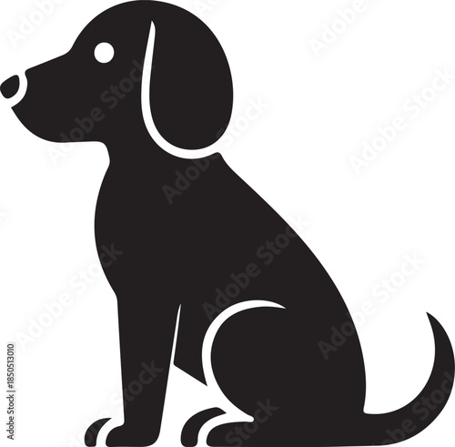 Black silhouette of a sitting dog with white outline on a white background