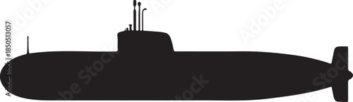 Black silhouette of a submarine with periscopes and propeller on a white background