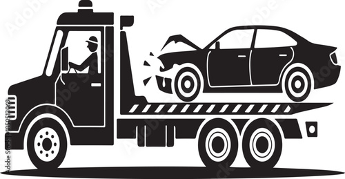 Black silhouette of a tow truck transporting a damaged car with its hood open broken car