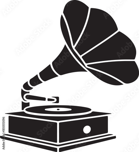 Black silhouette of a vintage gramophone with a large horn playing a record player
