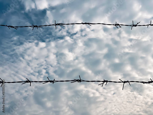 Barbed Wire Against Dramatic Cloudy Sky in Natural Outdoor Setting