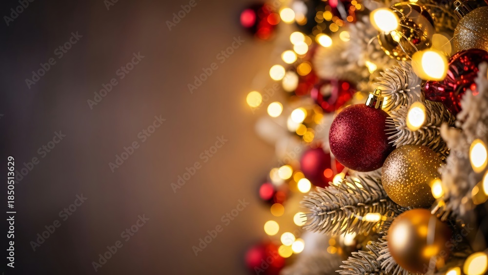 Fototapeta premium Festive Christmas Decorations Gold Ornaments Lights Holiday Background Winter Season Cheer