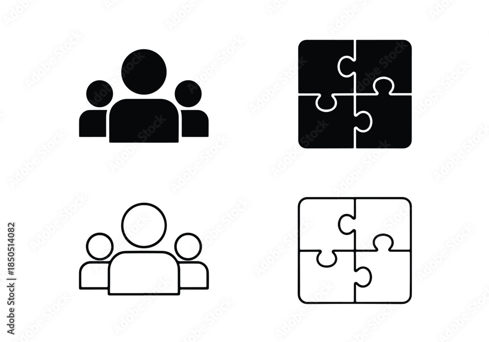 Obraz premium Teamwork and collaboration icon set\Solid icons vector collection - Vector icon set - Line and glyph solid icon set - Icon vector - Flat Design Icon - Blue icon set 