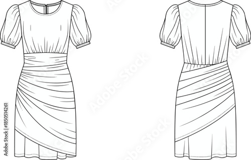 Black and white fashion illustration of a ruched and draped short sleeve dress clothing garment