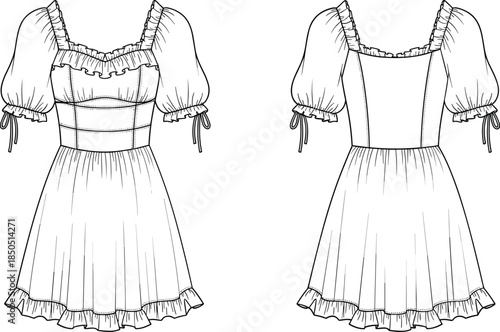 Black and white fashion sketch of a ruffled puff sleeve square neck dress front and back drawing illustration