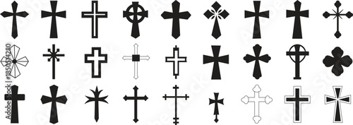 Collection of Christian cross symbols in black silhouette style