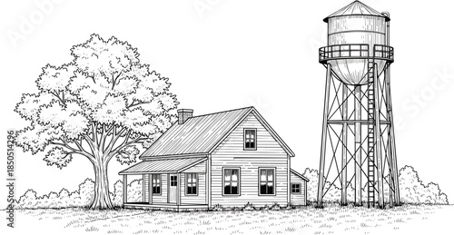 Black and white illustration of a rural scene with a house and water tower home
