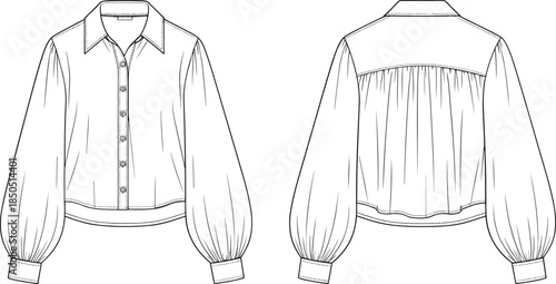 Black and white line drawing of front and back of a balloon sleeve collared shirt clothing fashion