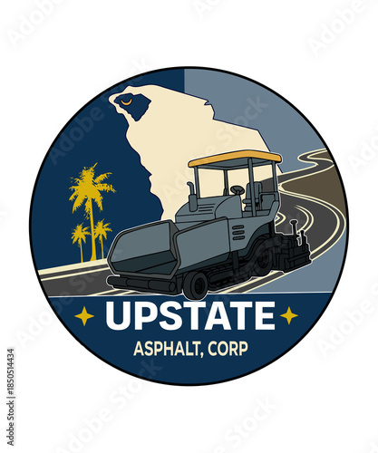  flat silhouettes featuring a truck, tractor, and locomotive for industrial transport and construction vehicle upstate Asphalt logo design 