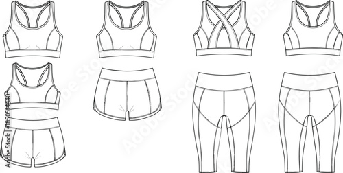 Black and white line drawings of athletic wear sports bras and shorts workout clothes fitness apparel