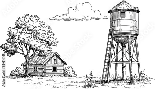 Black and white sketch of a rustic wooden cabin and water tower in a grassy field drawing illustration