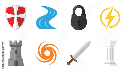 Fantasy Game Icons Set Castle Shield Sword Storm River Lock Pillar Lightning Bolt
