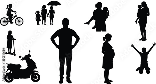 Black silhouettes of people and objects on white background child woman